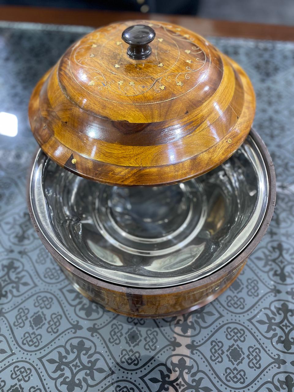 Handcrafted Brass Work Wooden Hotpot