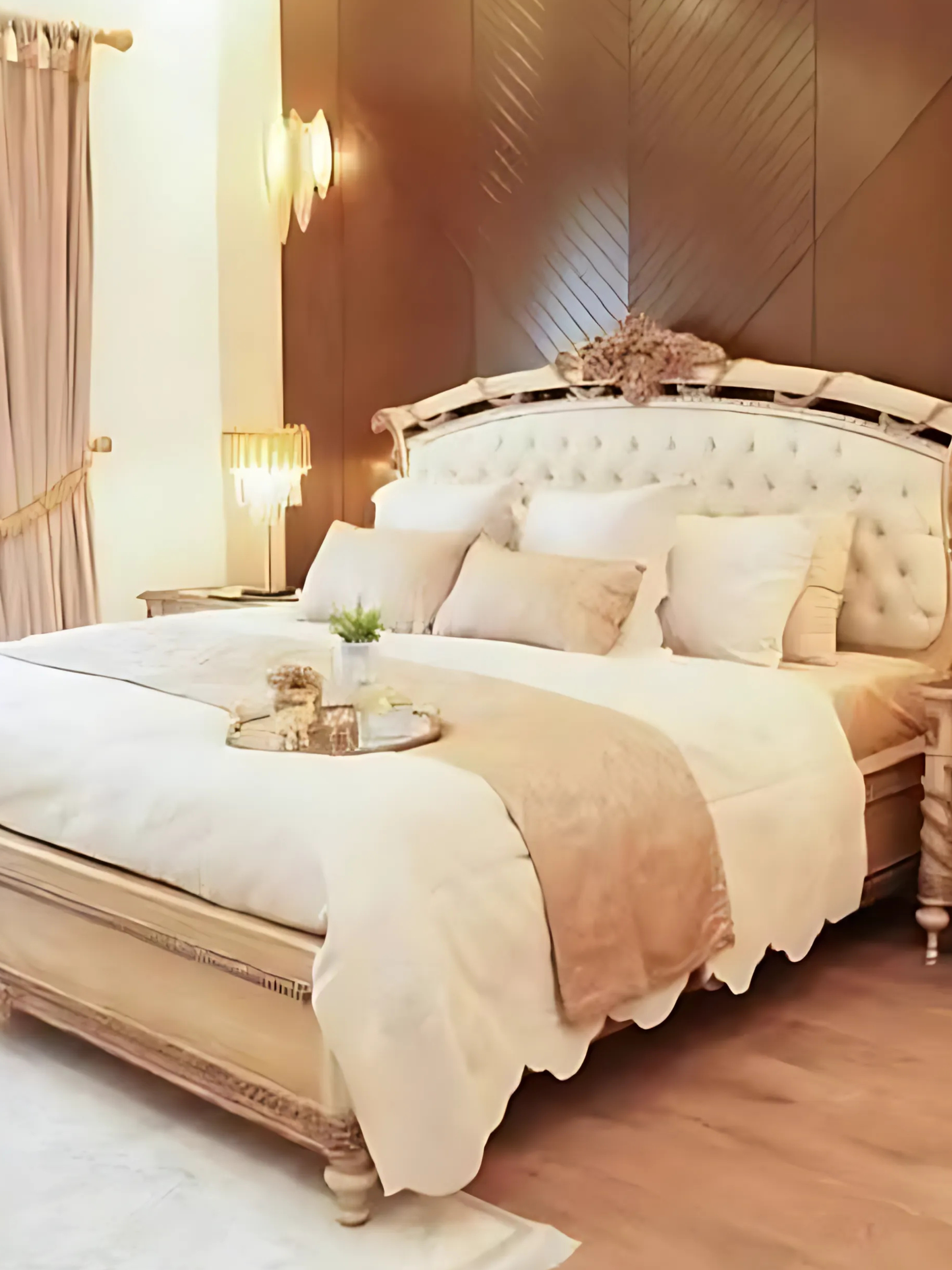 Zinc Gold Wooden Bed - Side Table + Dressing